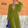 Women Evening Dress Deep V Neck Pleated Long Sleeves Solid Color High Waist Vacation Beach Party Maxi Dress Prom Long Dress