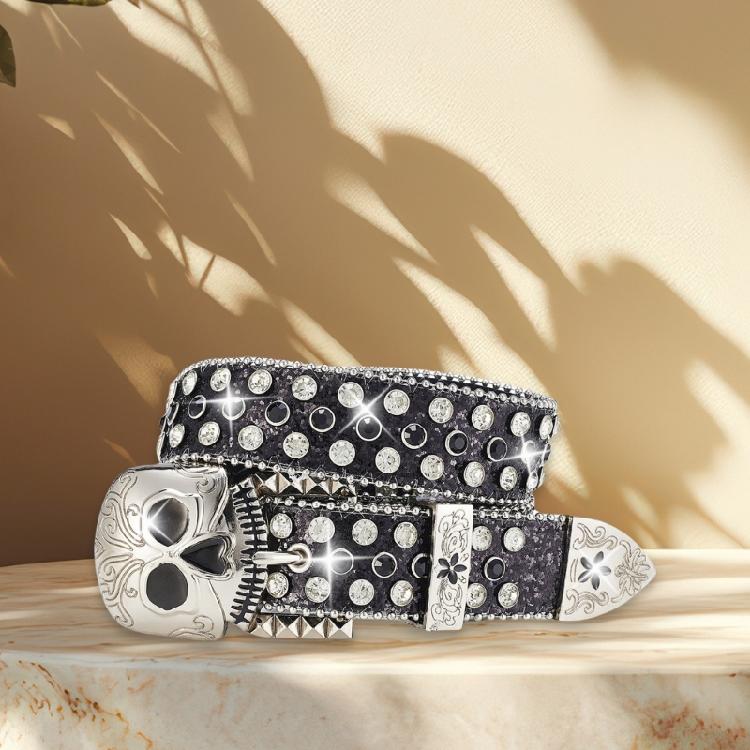 Popular Skull Buckle Belt for Men Women Rhinestones Studded Belt All Matching Blingbling Western Belt for Daily Club Wear
