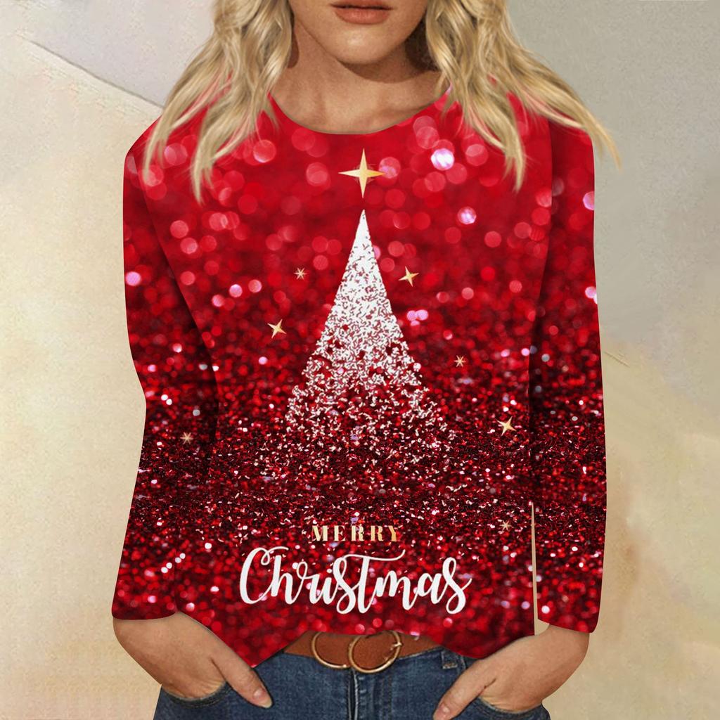 Женская мода, повседневная блузка с длинным рукавом и рождественским принтом, пуловер с круглым вырезом
