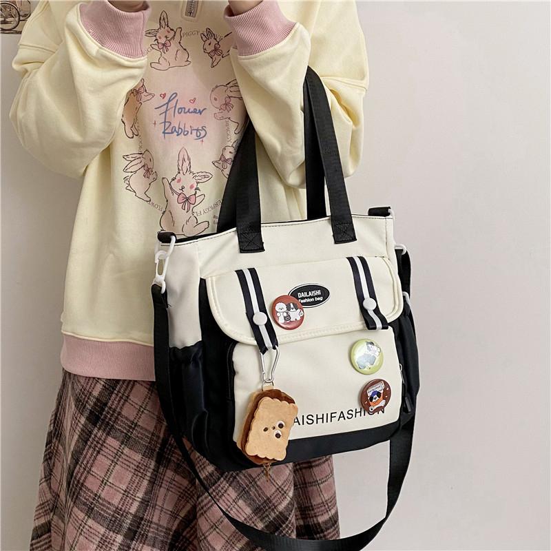 Oxford Shoulder Bag Cute Tote Bag Cartoon Handbag & Purse Pendant Badge Decor Crossbody Bags For Women
