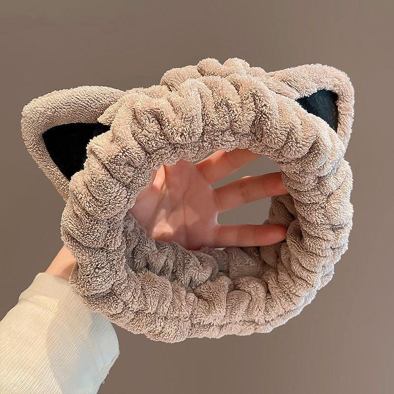 Корейский стиль Мультяшные кошачьи ушки Коралловый флис Нескользящая резинка для волос Повязка на голову для женщин