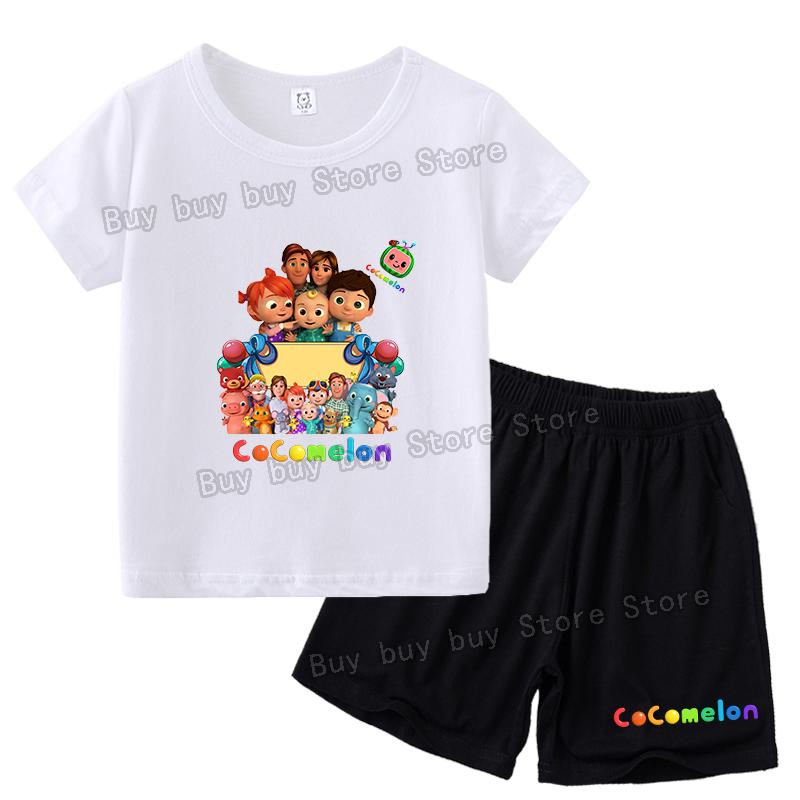 Children Clothing Sportswear Cartoon Printed Tracksuit Kids T-shirt Shorts Suit Summer Short Sleeve Tops Pants 2pcs