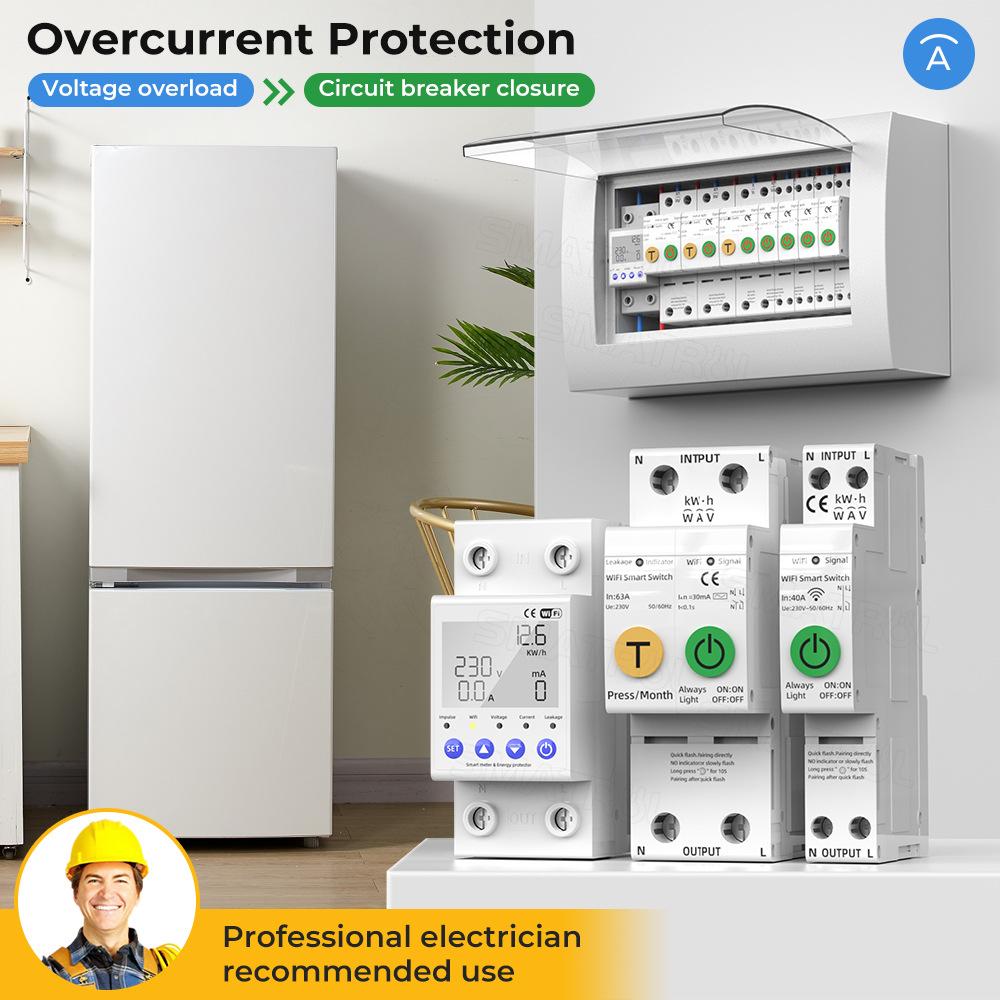 Tuya WiFi Интеллектуальный Автоматический Защитный Выключатель Многофункциональный Контроль Тока Напряжения Измеритель Мощности Защиты