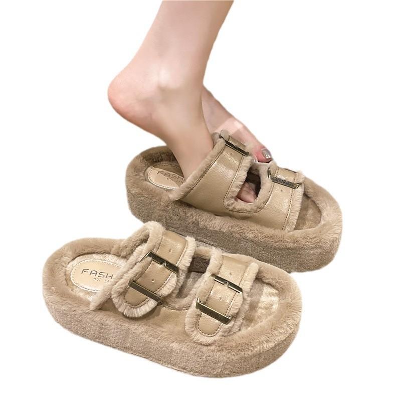 Толстые пушистые тапочки с эффектом возвышения подошвы для женщин, большие размеры, новые осенне-зимние тапочки с пряжкой для ремня, для офиса и дома, хлопковая швабра