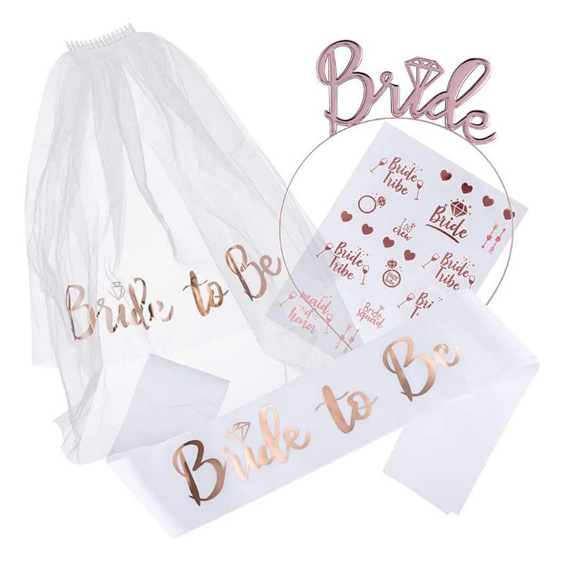 1Set Bride To Be Veil Satin Sash Hiarband Bridal Shower Wedding Decorations Tattoo Stickers Hen Bachelorette Party Supplies