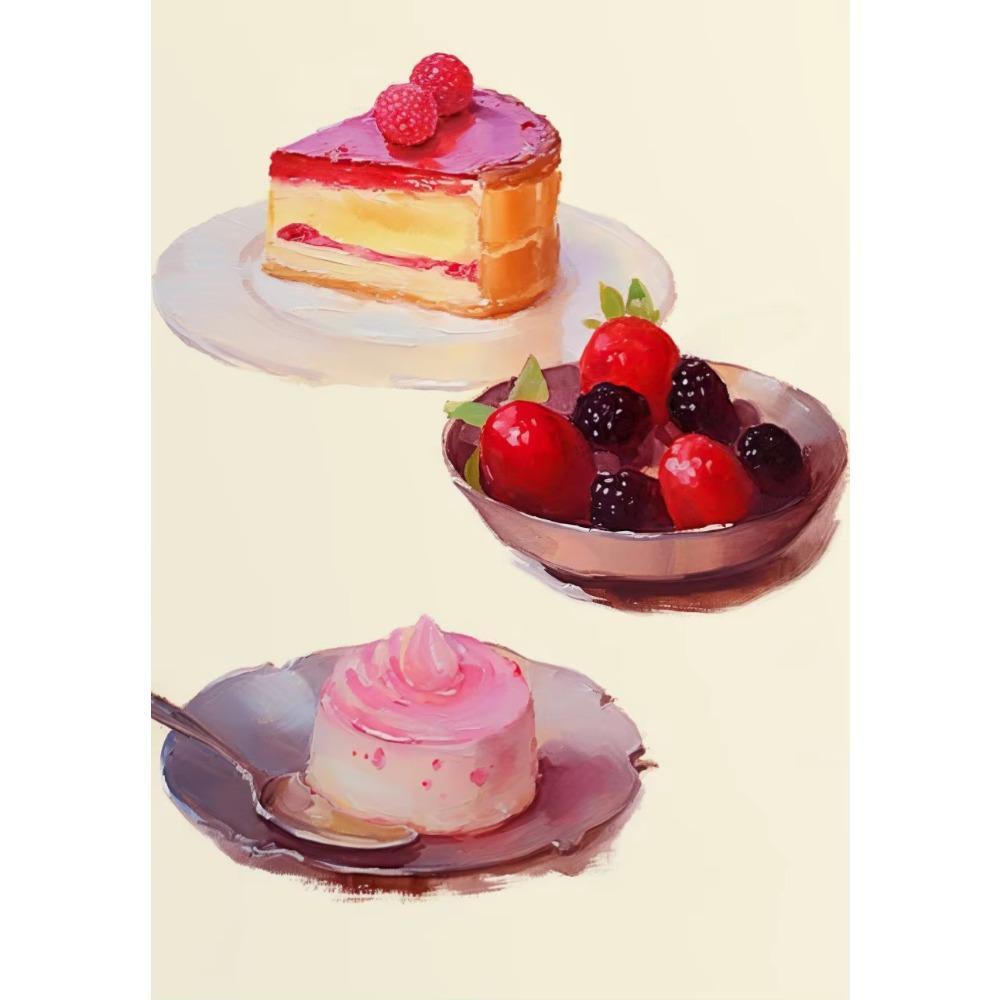 Cream Fruit Cake Watercolor French Pastry Illustration Poster Canvas Wall Art Print Picture Colorful Kitchen Home De