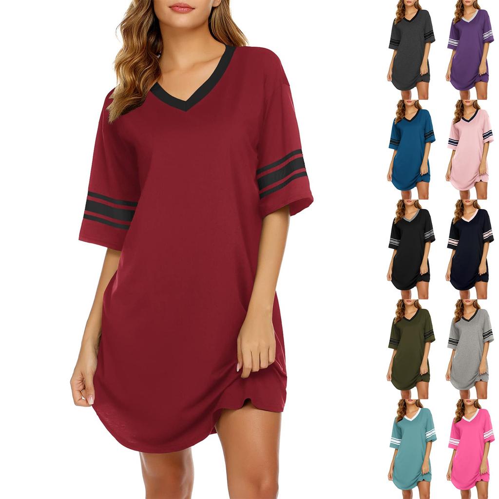 Women's Nightgown Cotton Sleep Shirt V Neck Short Sleeve Loose Comfy Pajama Sleepwear
