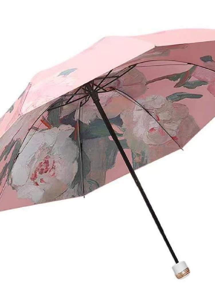 70% off Double-Layer Sunshade Umbrella with Oil Painting Design, Dual-Use for Sun and Rain, Creative Gift, Foldable Umbrella, Black Coating