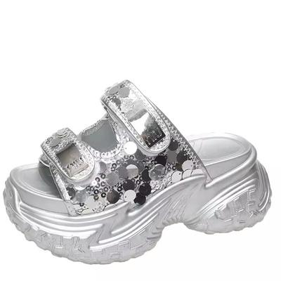 Модные серебряные блестящие мягкие тапочки 8 см повседневные спортивные тапочки для папы женские летние новые толстые тапочки на платформе летние сандалии