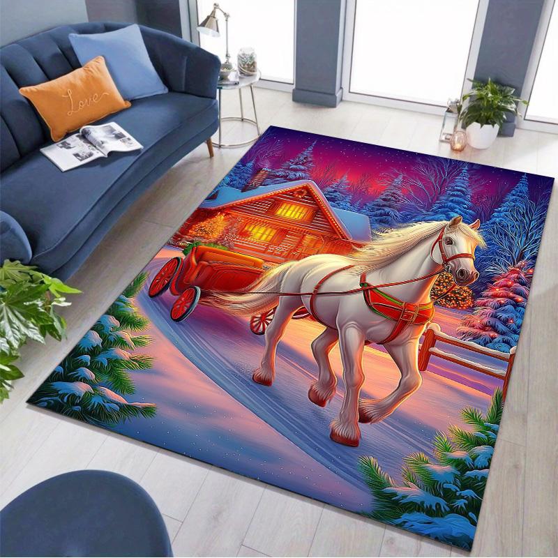 Christmas White Horse Sleigh Snow Scene Print Non-Slip Rug, Winter Holiday Decor Carpet for Home Bedroom