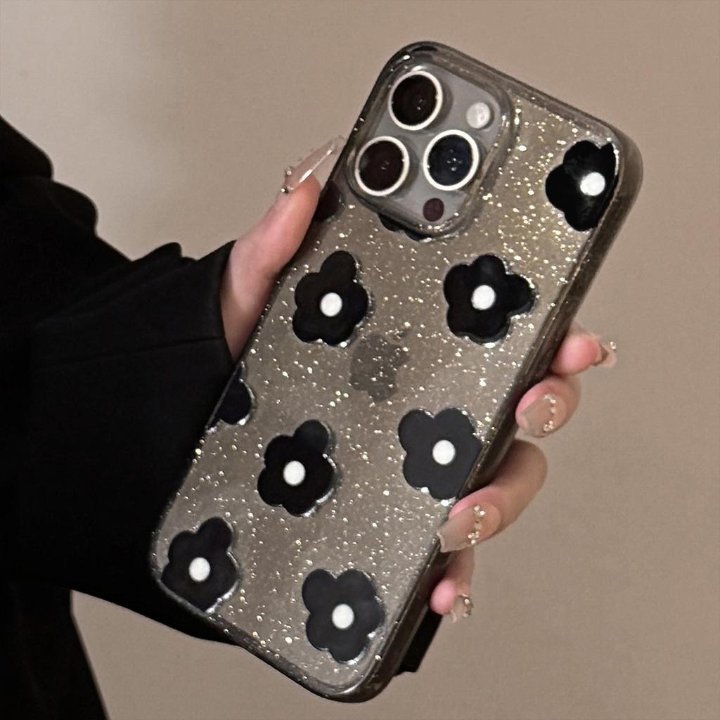 Glitter Black Flower Apple 15promax Mobile Phone Case 16 Suitable for Iphone13 Retro Niche 11 Soft Set 12