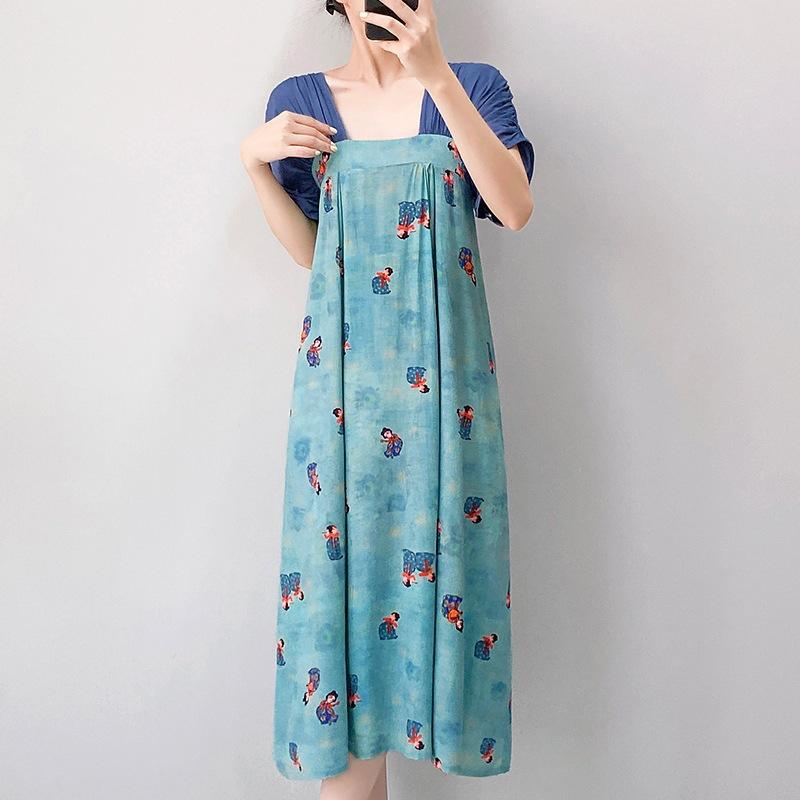 Women's nightgown thin short-sleeved printing light luxury simple breathable casual loungewear long skirt can be worn outside