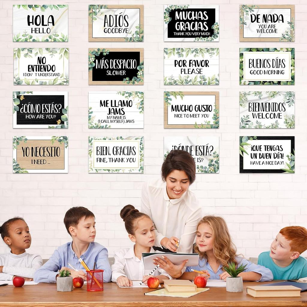 gisgfim 16 Pcs Spanish Words and Phrases Poster Set Spanish Phrases Bulletin Board Study Spanish Classroom Decoration for Teachers Preschool School