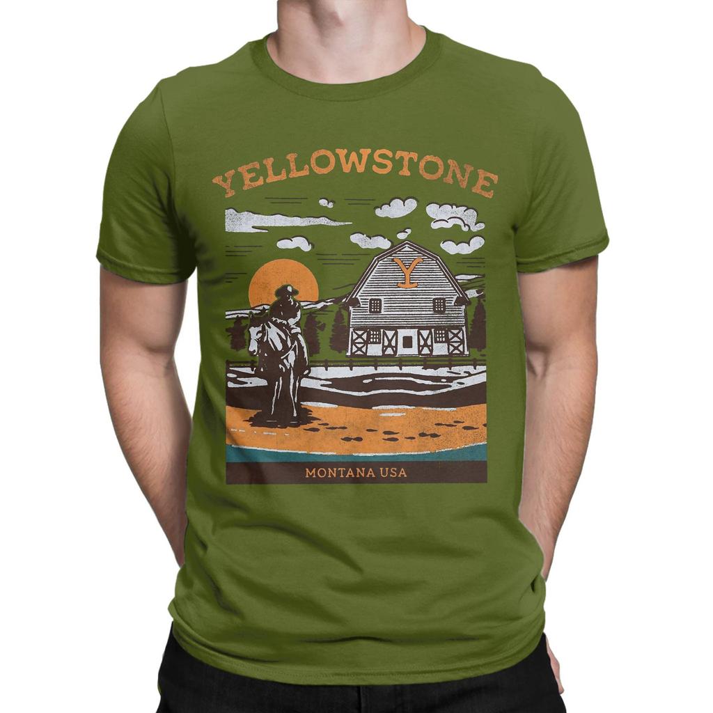 Men Yellowstone Montana USA Dutton Ranch Vintage T Shirts 100% Cotton Tops Novelty Short Sleeve Crewneck Tees Printed T-Shirts