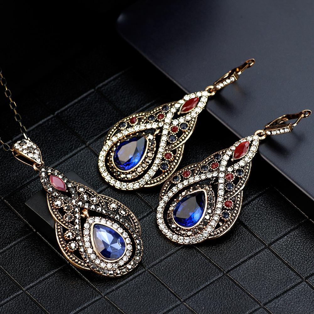 Gold Color Women Long Hook Dangle Earring Water Drop Pendant Necklace Jewelry Sets Antique Resin Ethnic Bijoux