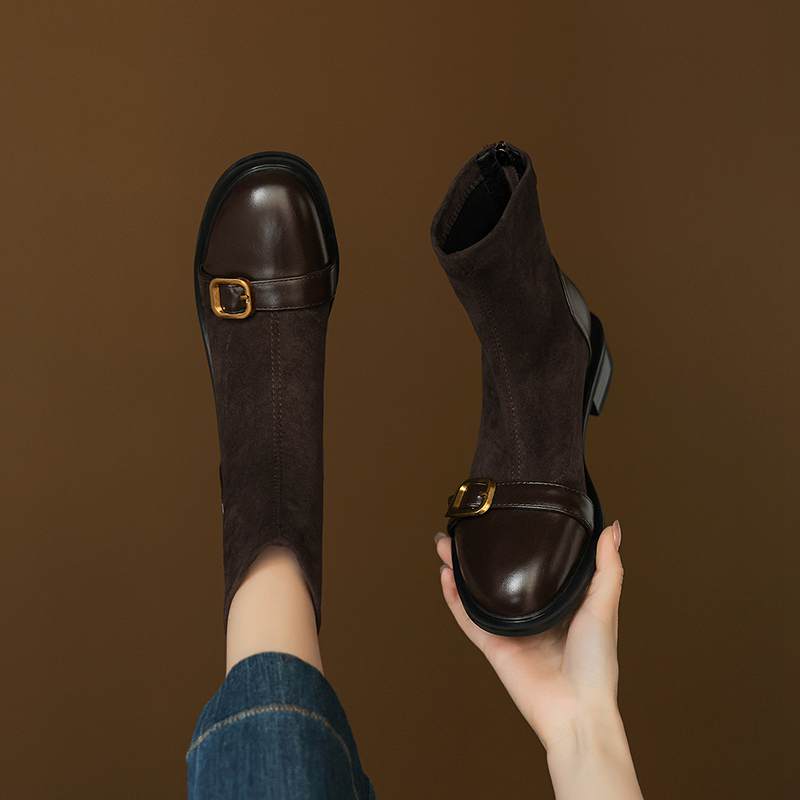 Krazing Po Микрофибра Флок Зима Круглый Носок Размер 33 Ботильоны Челси Размер 43 Молния Металлическая Пряжка Низкий Каблук Ботильоны