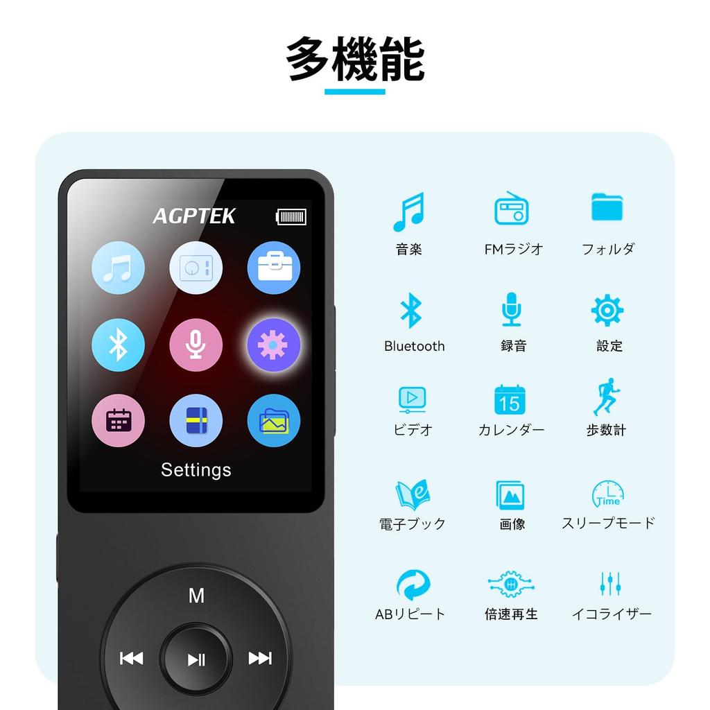 MP3-плеер AGPTEK с 40-часовым воспроизведением, Bluetooth 5.3, 32 ГБ встроенной памяти, Hi-Fi, ультралегкий, расширяемый до 64 ГБ, кнопочное управление, без потерь sou