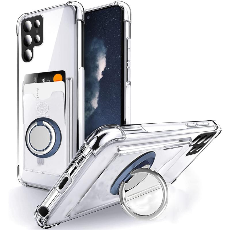 Magnetic Finger Ring Stand Transparent Case For Samsung Galaxy S22 Ultra Plus S21 S20FE S10 S20 Plus Note 20 Ultra Soft TPU Card Slot Kickstand Cover