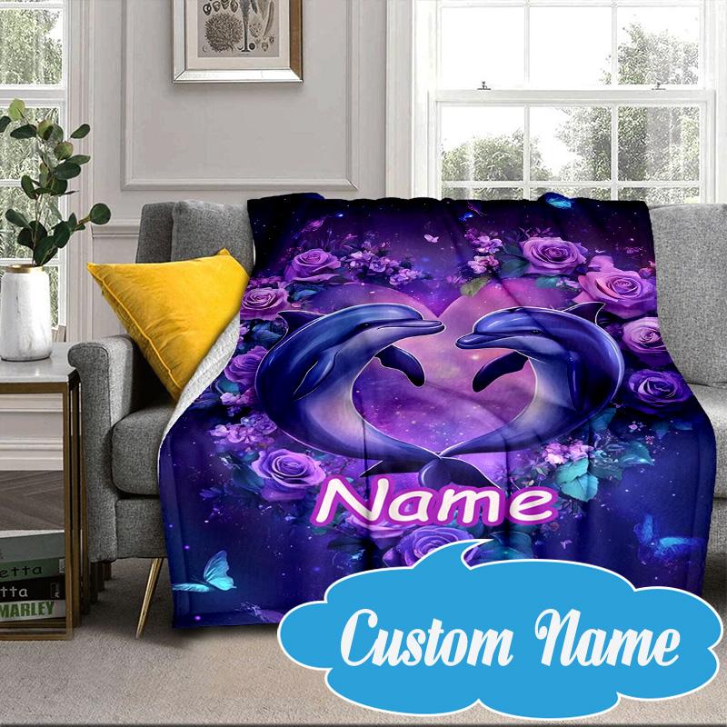Custom Name Dolphins Starry Night Blanket bed sofa Blanket Flannel Blanket for Camping, Hiking, Picnic Essentials,gift for Fan family