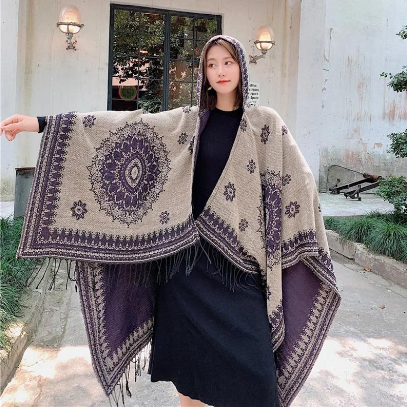 21 Style Big Pendulum Cloak With Hat Arabic Poncho Women Leopard Pocket Shawl Cape Knitted Middle East Split Thick Warm Blanket