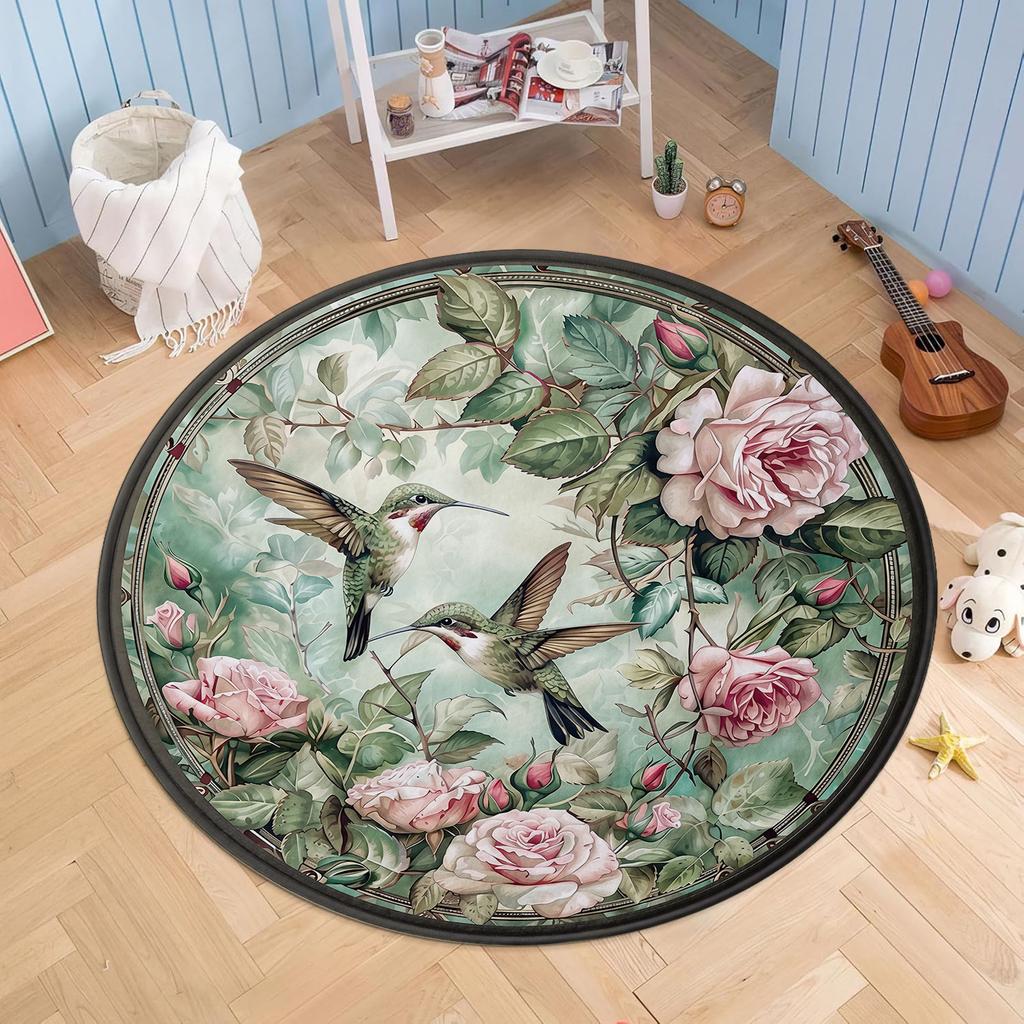 Vintage Hummingbird  Rose Round Rug, Botanical Garden Floor Mat, Nature-Inspired Circle Carpet for Entryway  Living Room