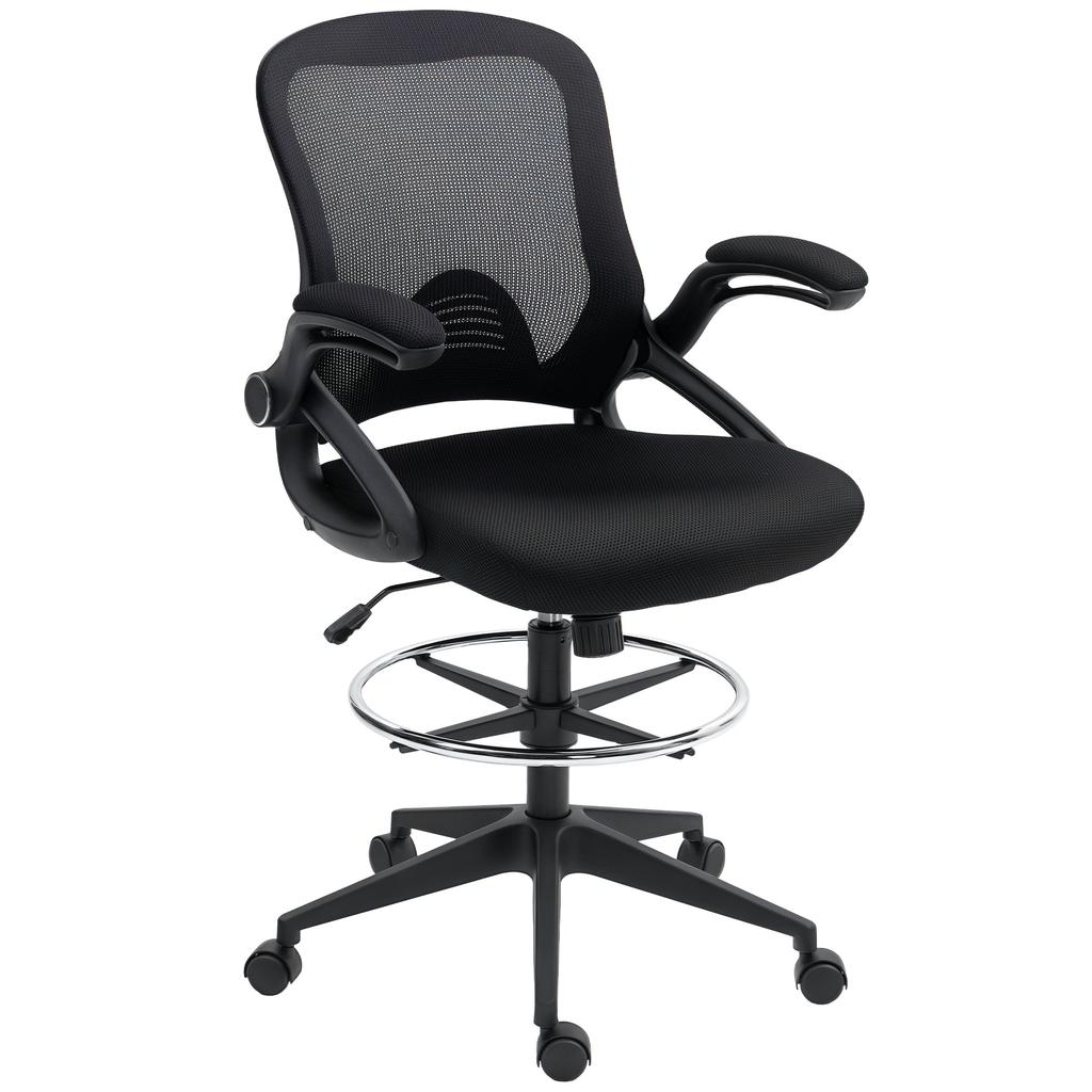Drafting Chair with Flip-up Armrest, Mesh Office Stool with Foot Ring, 360 Degree Swivel Height Adjustable Chair for Standing Desk, Black