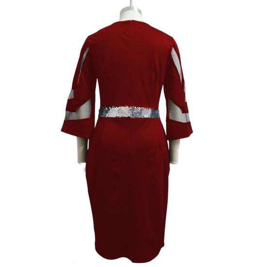 Women Dress See-through Mesh Patchwork Split Hem Sheath Slim Fit Three Quarter Sleeves Shiny Powder Crew Neck Prom Evening Office Wear Midi Dress