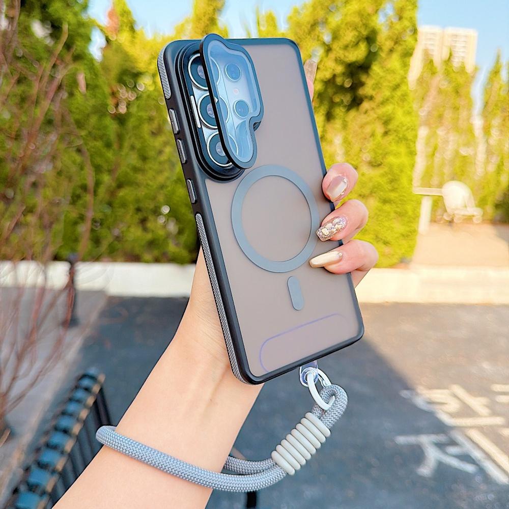 Fold Lens Stand Holder Matte Magnetic Wireless Charge Case For Samsung S26 Ultra S25 S24 S23 Plus S22 Wrist Strap Lanyard Cover