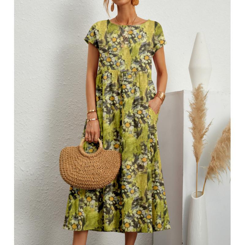 Cotton Linen Floral Print Summer Dress With Round Neck For Women