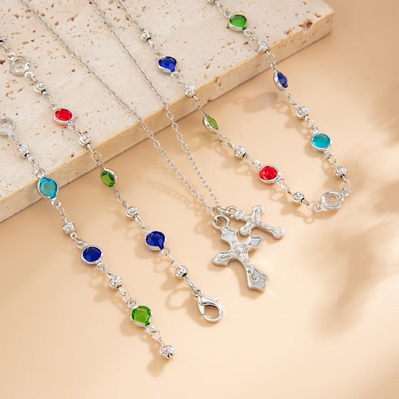 Fashionable Light Luxury Jesus Cross Pendant Necklace Set For Women Trendy Colorful Crystal Chain Choker Christian Jewelry Gift