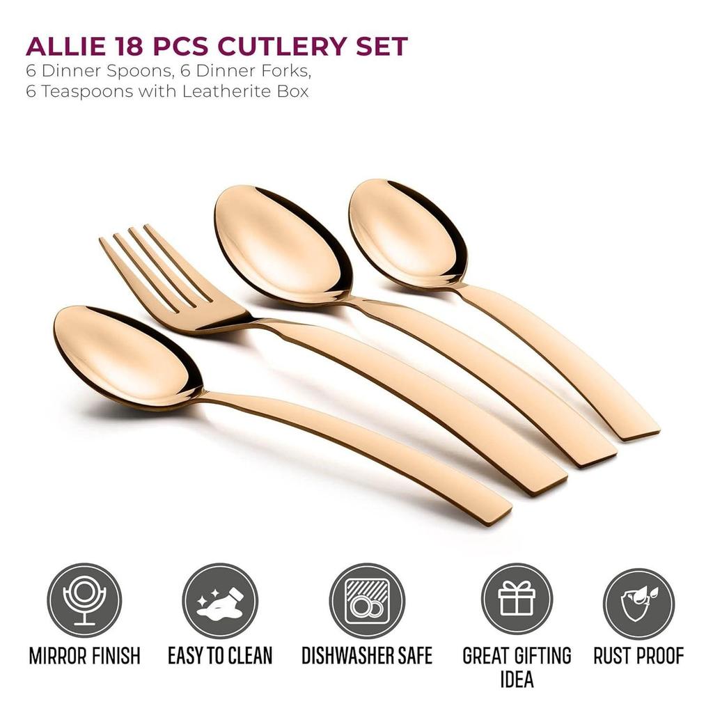 Набор столовых приборов Allie из 18 предметов из нержавеющей стали розового золота с коробкой из кожзаменителя (6 обеденных ложек, 6 обеденных вилок, 6 чайных ложек)