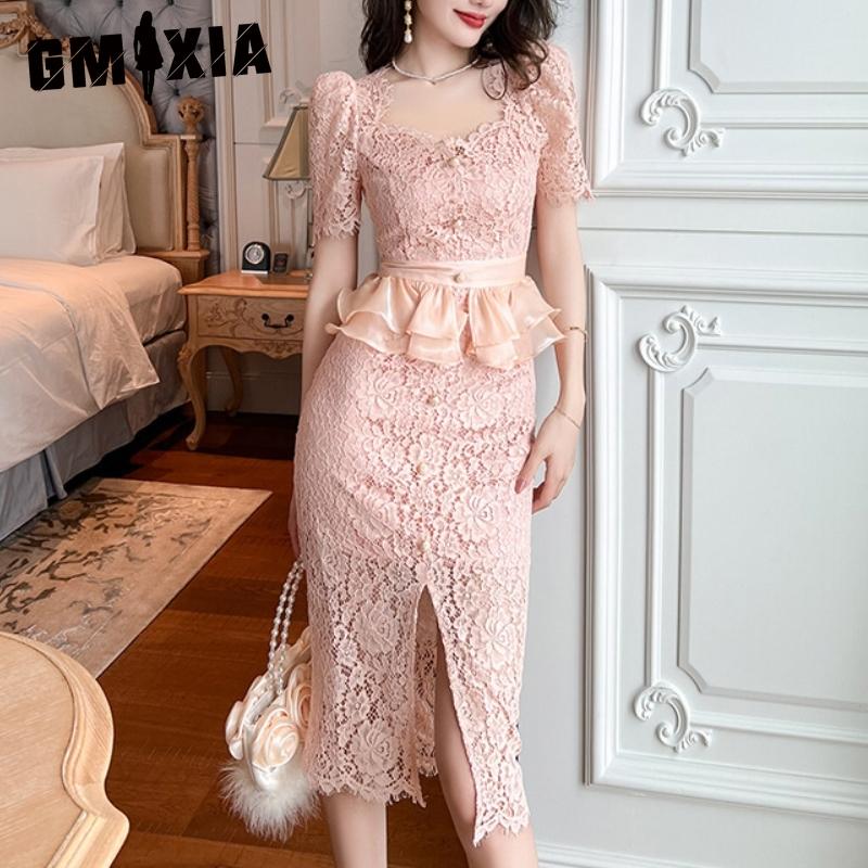 GMXIA Летнее женское милое розовое кружевное платье из темперы с квадратным воротником на талии и баской, драпированное на бедрах
