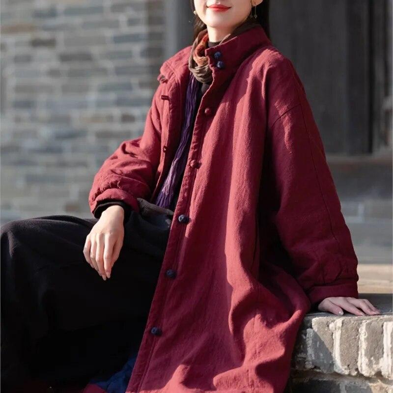 Johnature Женские зимние парки в китайском стиле, однотонные теплые пальто на пуговицах, хлопковые женские винтажные парки