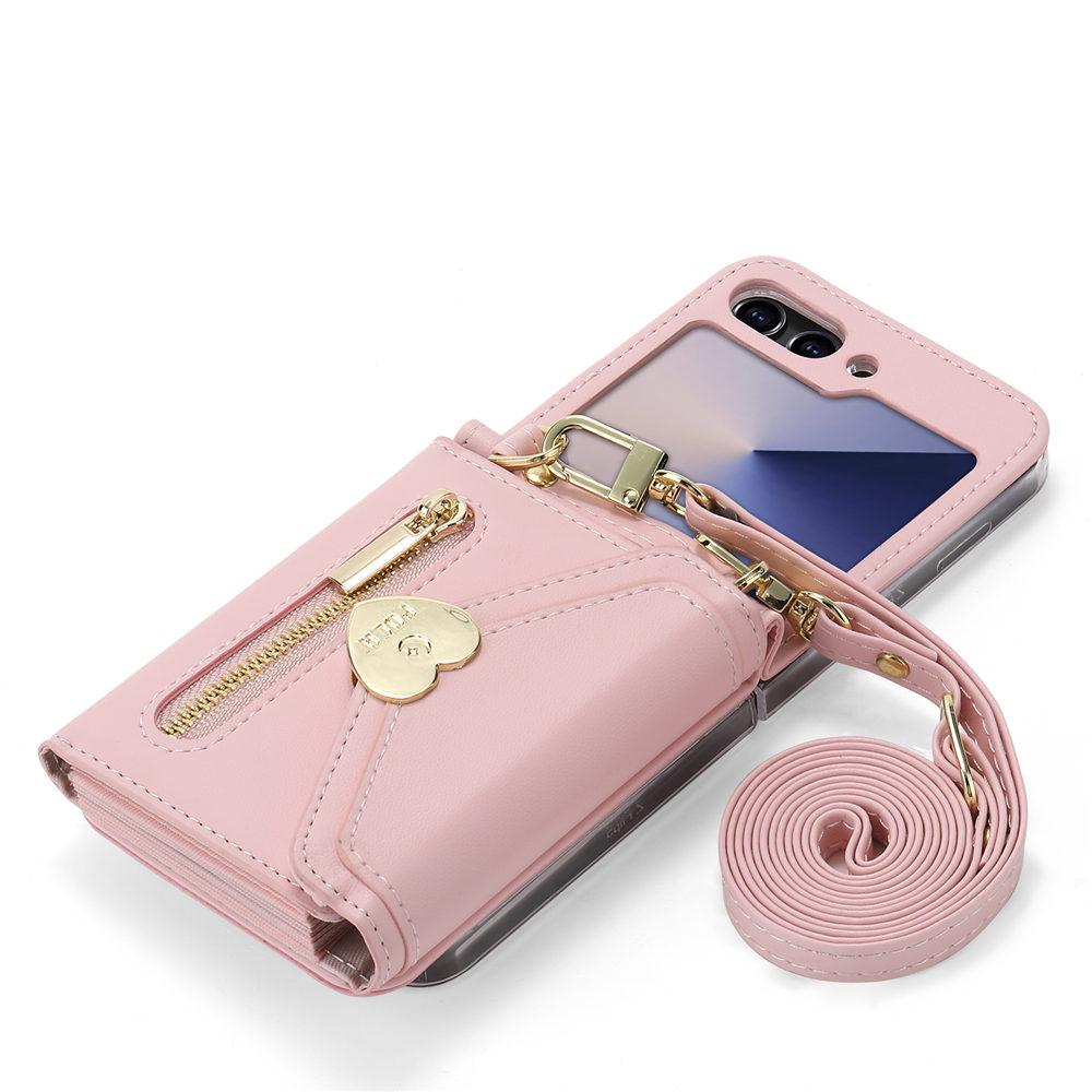 Love Heart Zipper Crossbody Wallet Leather Case For Samsung Galaxy Z Flip 6 Flip 5 4 3 Cards Holder Long Lanyard Cover