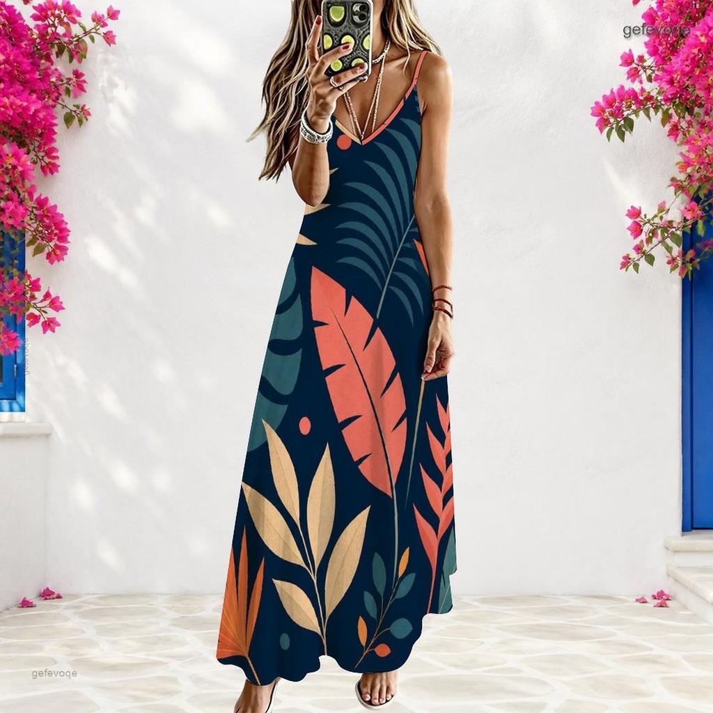 Women Plus Size V Neck Strappy Sleeveless Tropical Leaf Printed A Line Long Dress