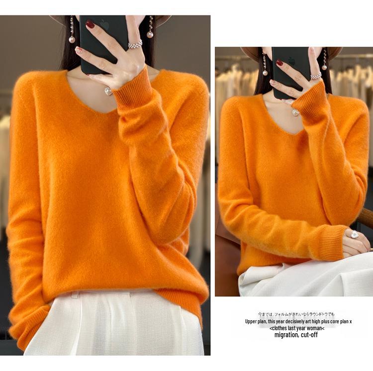 Women's V-Neck Wool Sweater: New Autumn/Winter Solid Color, Loose Fit, Versatile Style.