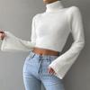 Women Cropped Sweater High Collar Flared Long Sleeve Solid Color Slim Fit