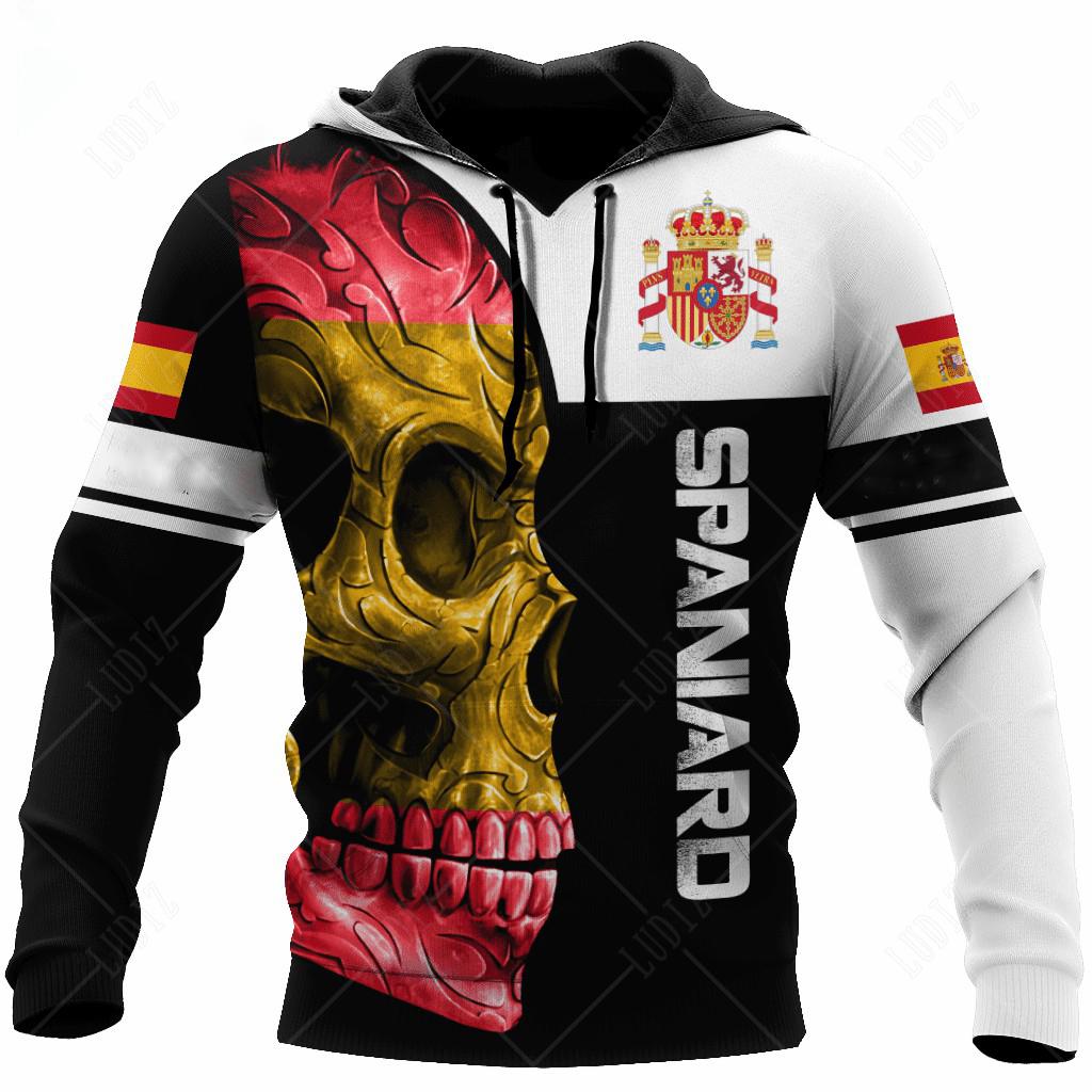 Новые толстовки с испанским черепом, мужская толстовка с 3D принтом, топы с флагом Испании, осенняя уличная одежда с длинными рукавами, толстовка с капюшоном для мужчин, одежда