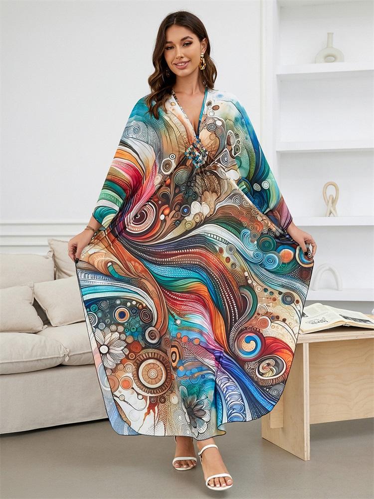 EDOLYNSA Cozy Plus Size Kaftan Boho Printed Swimsuit Coverup For Women Summer Hand-knit V Neck Short Sleeve House Dress Loose Beachwear Q1588