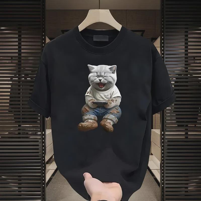 Футболка унисекс с летним принтом кота: Универсальная повседневная футболка American Fashion с коротким рукавом для пар