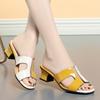 Мода 2024 Новые Летние Универсальные Каблуки Контраст Рыбий Носок Смешанные Цвета Квадратный Носок Женские Сандалии Шлепанцы Повседневные Женские Вьетнамки