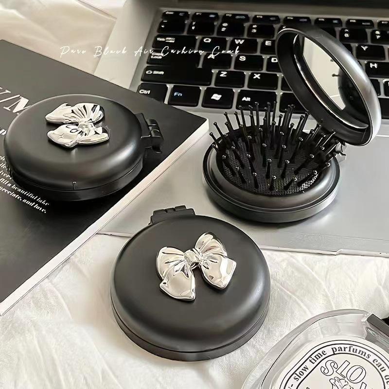 Милая складная массажная расческа с зеркалом для макияжа, портативная пластиковая подушка безопасности, маленькая расческа для волос, щетка для волос с галстуком-бабочкой, расческа на воздушной подушке