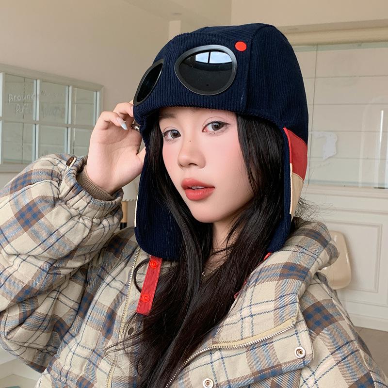 New autumn and winter hats women's velvet thermal hats, goggles, flying hats, versatile windproof ear protectors, Lei Feng hats