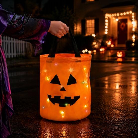 Glowing LED Trick or Treat Pail Pumpkin Candy Bag with Lights Reusable Halloween Costume Prop for Kids Tote Kids Handbag Party Favors Container