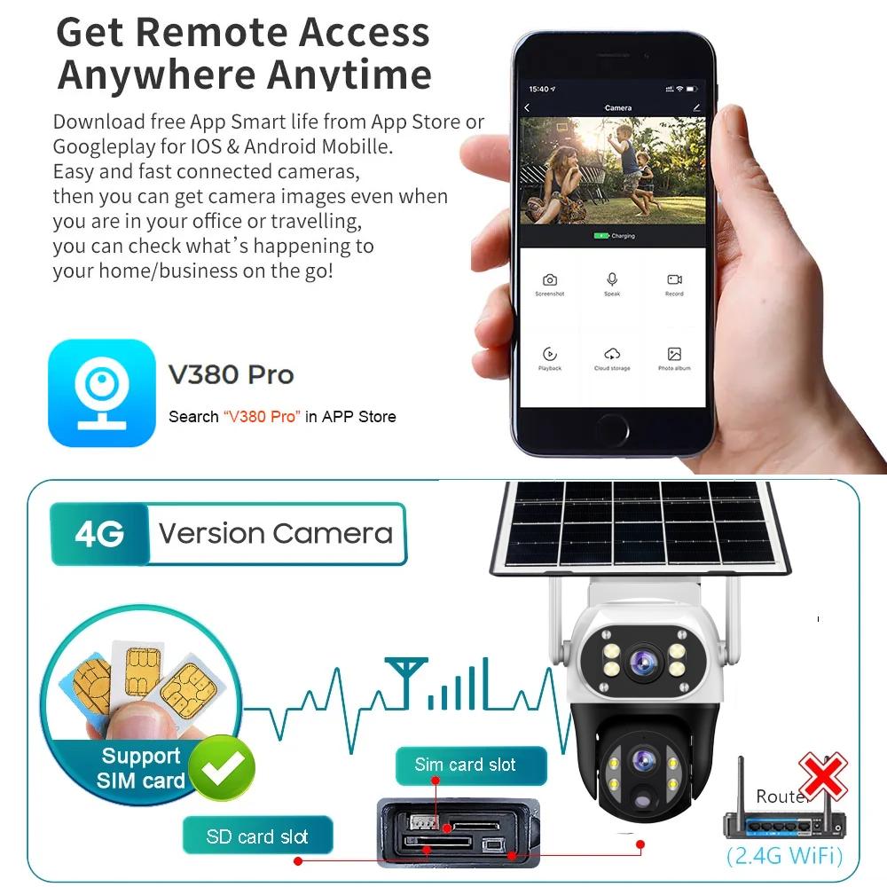 V380 Outdoor Home Garden Monitoring Dual Lens Full Color Night Vision 4G/Wifi Remote Solar Camera