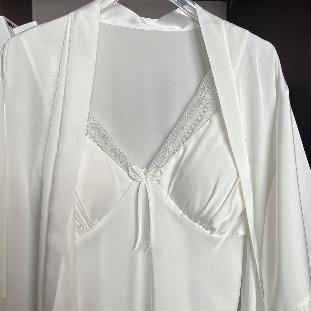 Сексуальный кружевной бант с бантом на бретельках ночная рубашка халат костюм невесты свадебное платье комплект женщин элегантная ночная рубашка весна осень новый кимоно халат
