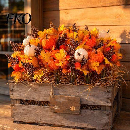 Reusable Autumn Bouquet Artificial Fall with Fabric Pumpkins Maple Leaves Wheat Berries, Orange Yellow Brown Home Decor for Thanksgiving Centerpieces,