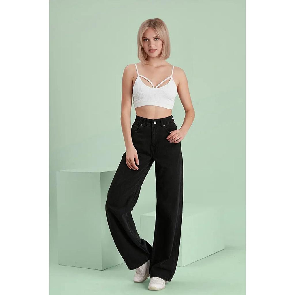 Women's Blue Snow Wash High Waist Five Pocket Wide Leg Loose Palazzo Jean Denim Trousers