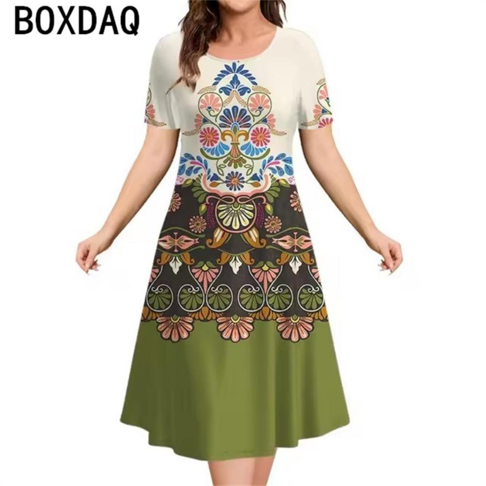 Vintage Tribal Ethnic Floral Graphic Elegant Women's Dress 2025 New Summer Short Sleeve O-Neck Casual Loose A-Line Dress Vestido