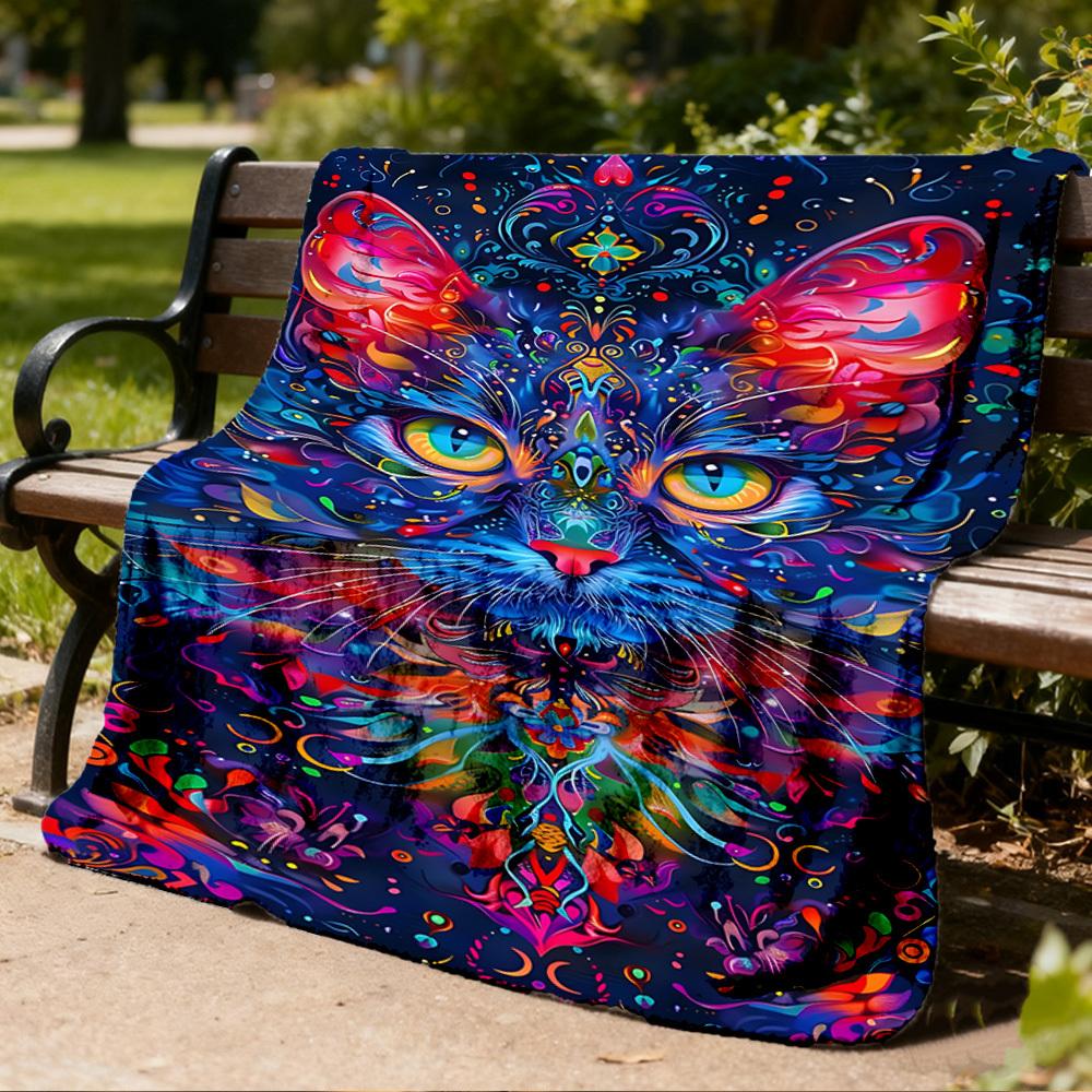 1pc Psychedelic Cat Print Throw Blanket Polyester Fiber, Lightweight Flannel, Soft & Warm, All Season Use for Outdoor, Camping Digital Print